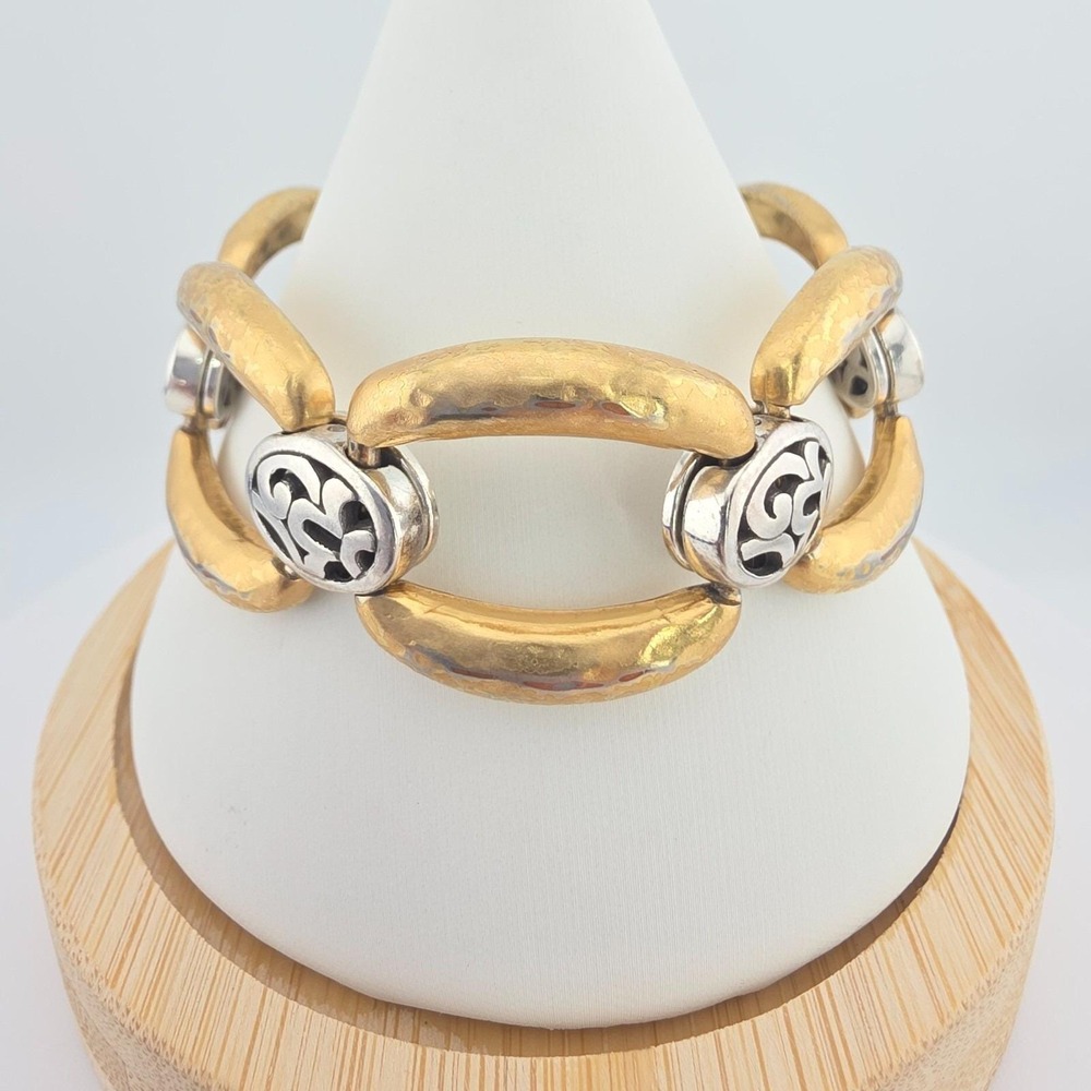 BRIGHTON 'Sensation' Bracelet Hammered Scrollwork Links Silver & Gold Plate 8"